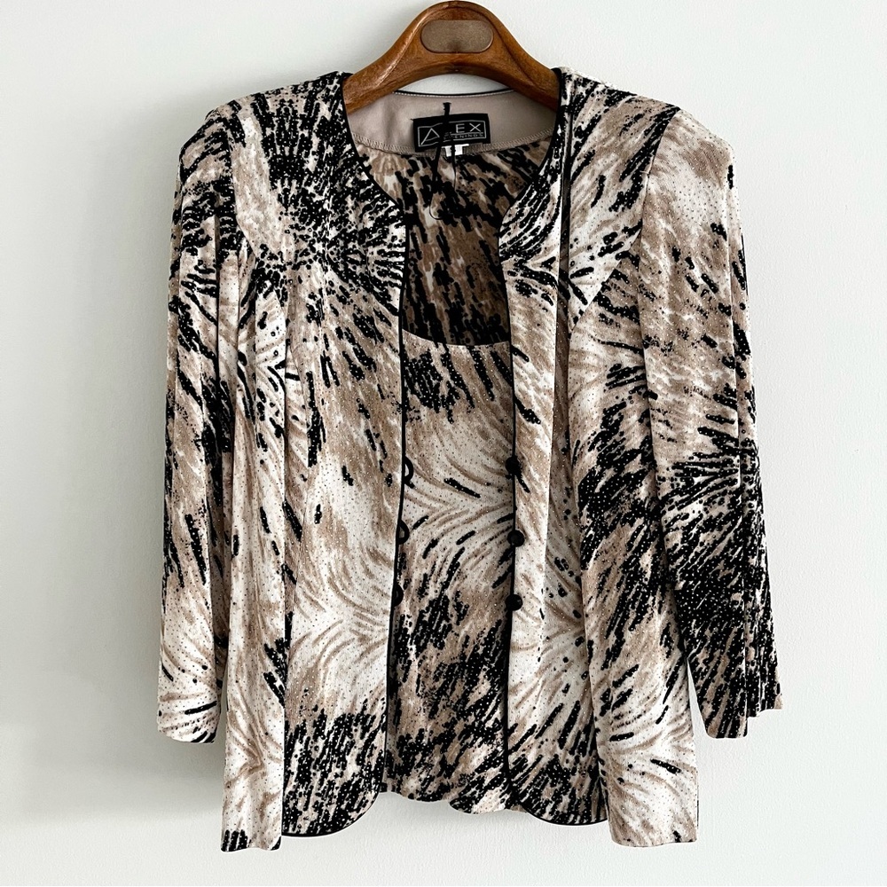 Beige and Black Rhinestone Sparkle Two-Piece Tunic Cardigan Set